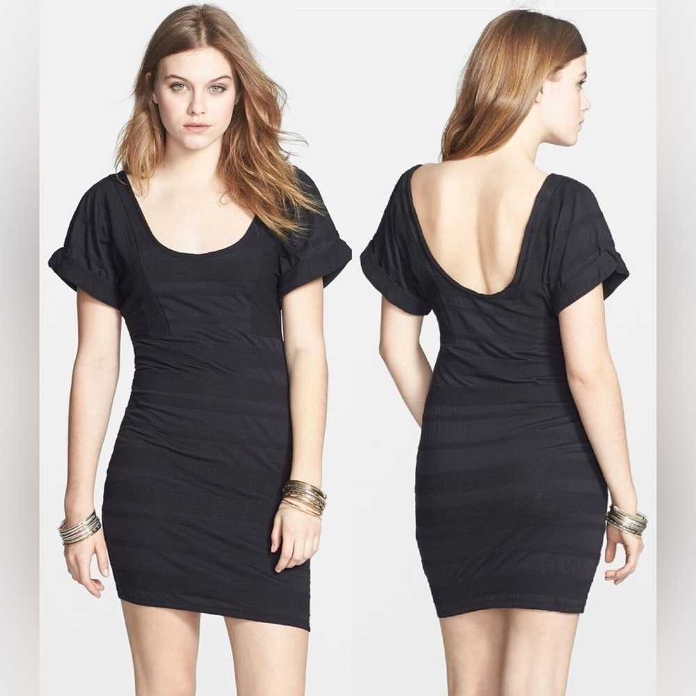 NWT Free People Lunch Date Textured Mini Dress Black Stretch Medium
